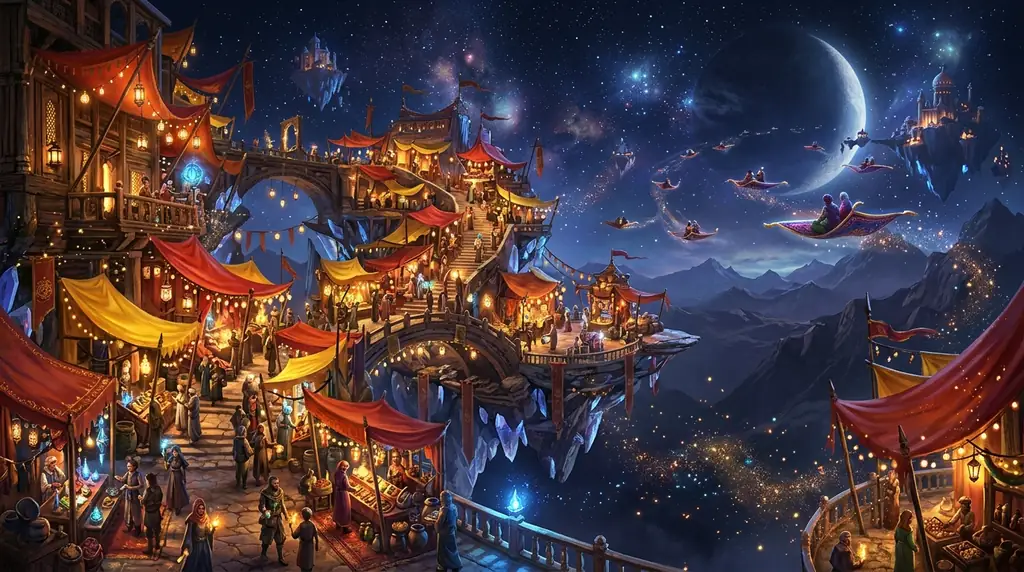 Levitating marketplace under twilight sky