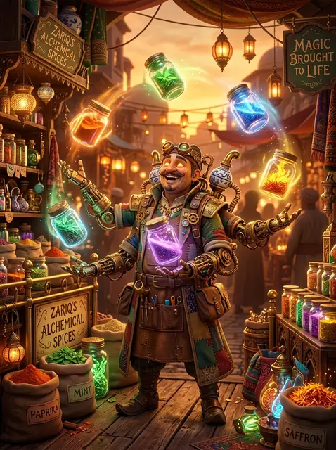 Zariq the Merchant juggling glowing spices